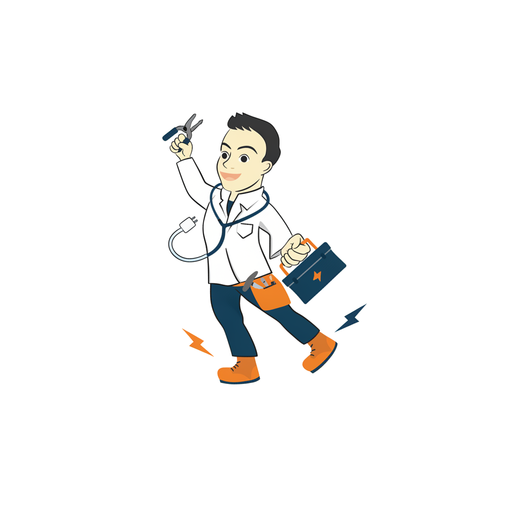The First Aid Electric mascot — a cartoon electrician first-responder striding to the rescue with a tool case and stethoscope